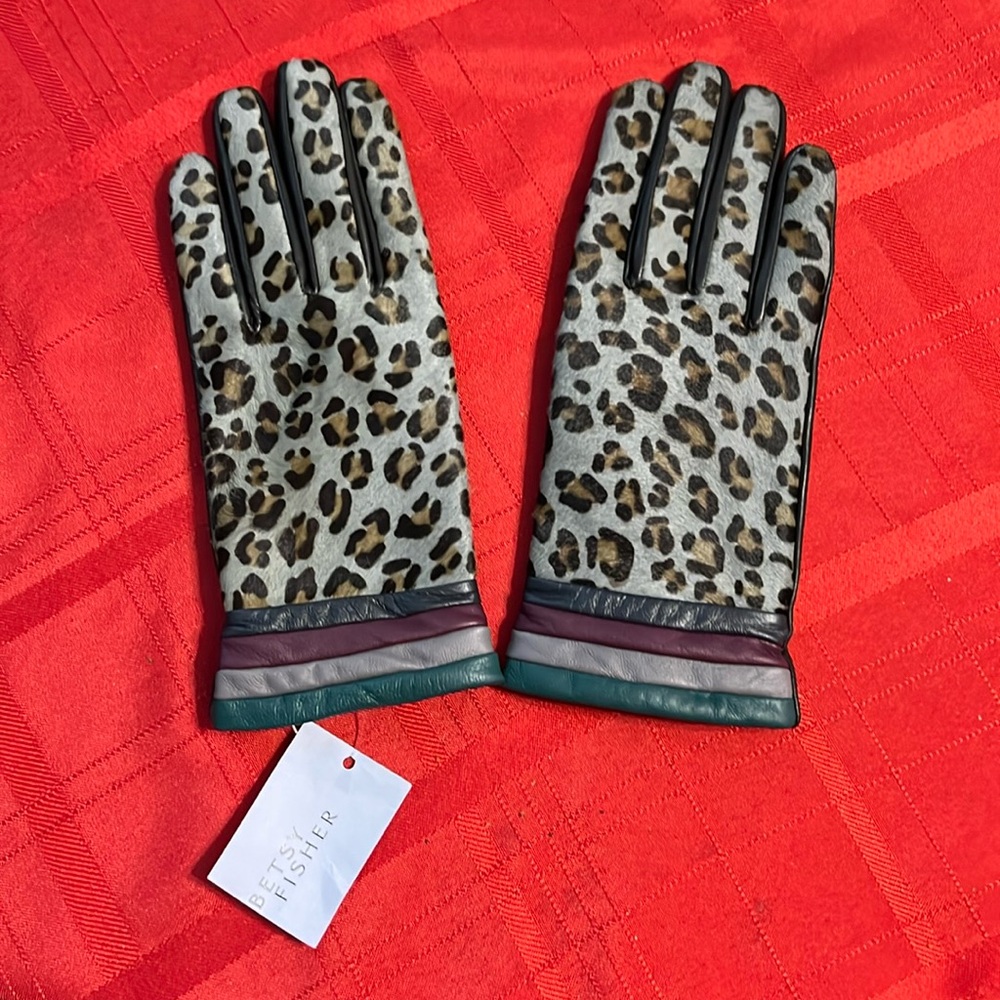 Betsy Fisher LeatherAnimal Print Gloves 7.5